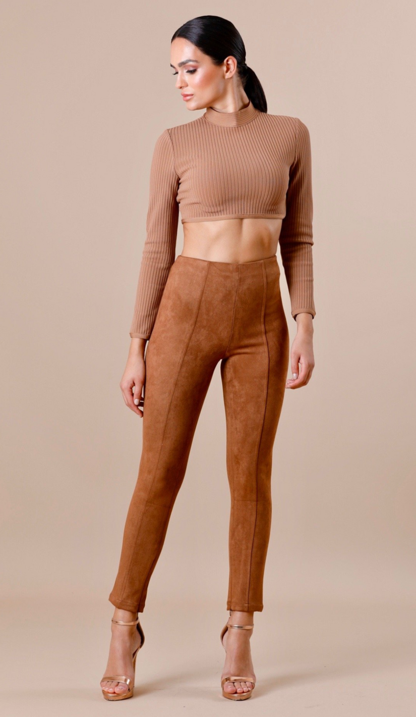 "NINA" Suede Bodycon Pants - Camel - GLAMBAE FASHION