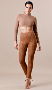 "NINA" Suede Bodycon Pants - Camel - GLAMBAE FASHION
