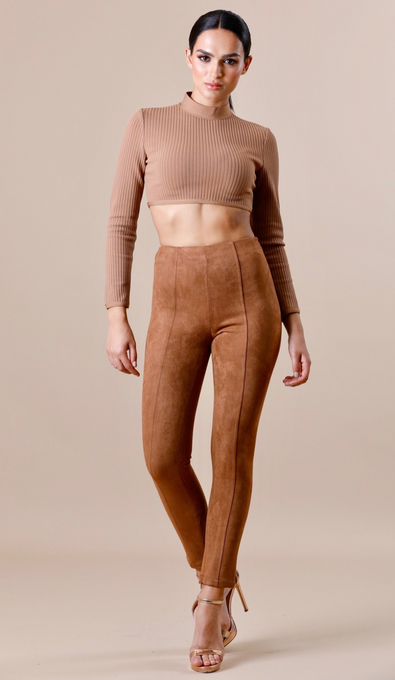 "NINA" Suede Bodycon Pants - Camel - GLAMBAE FASHION