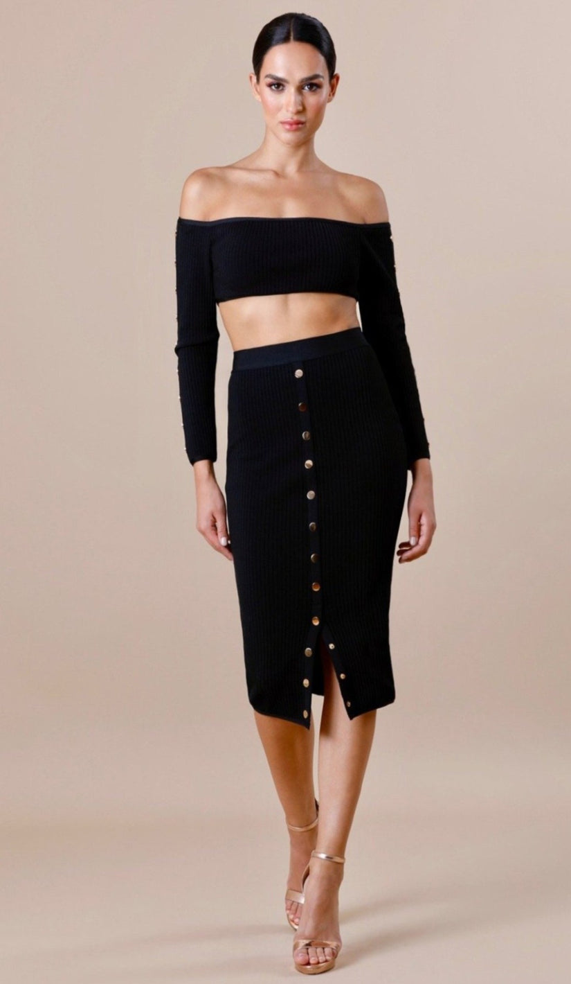 "KIRA" Ribbed Gold Button Skirt - GLAMBAE FASHION