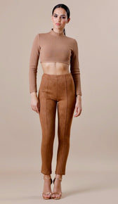 "NINA" Suede Bodycon Pants - Camel - GLAMBAE FASHION