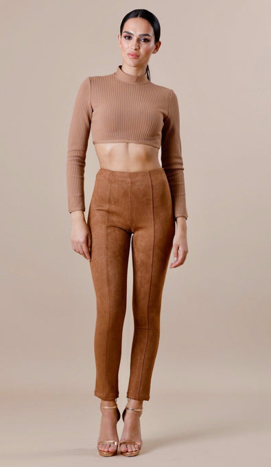 "NINA" Suede Bodycon Pants - Camel - GLAMBAE FASHION