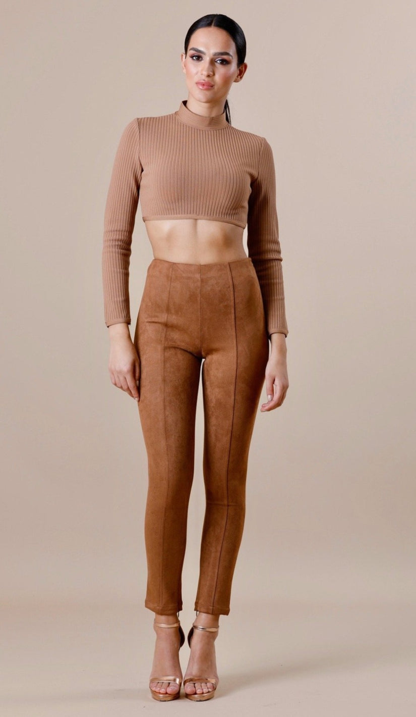 "NINA" Suede Bodycon Pants - Camel - GLAMBAE FASHION