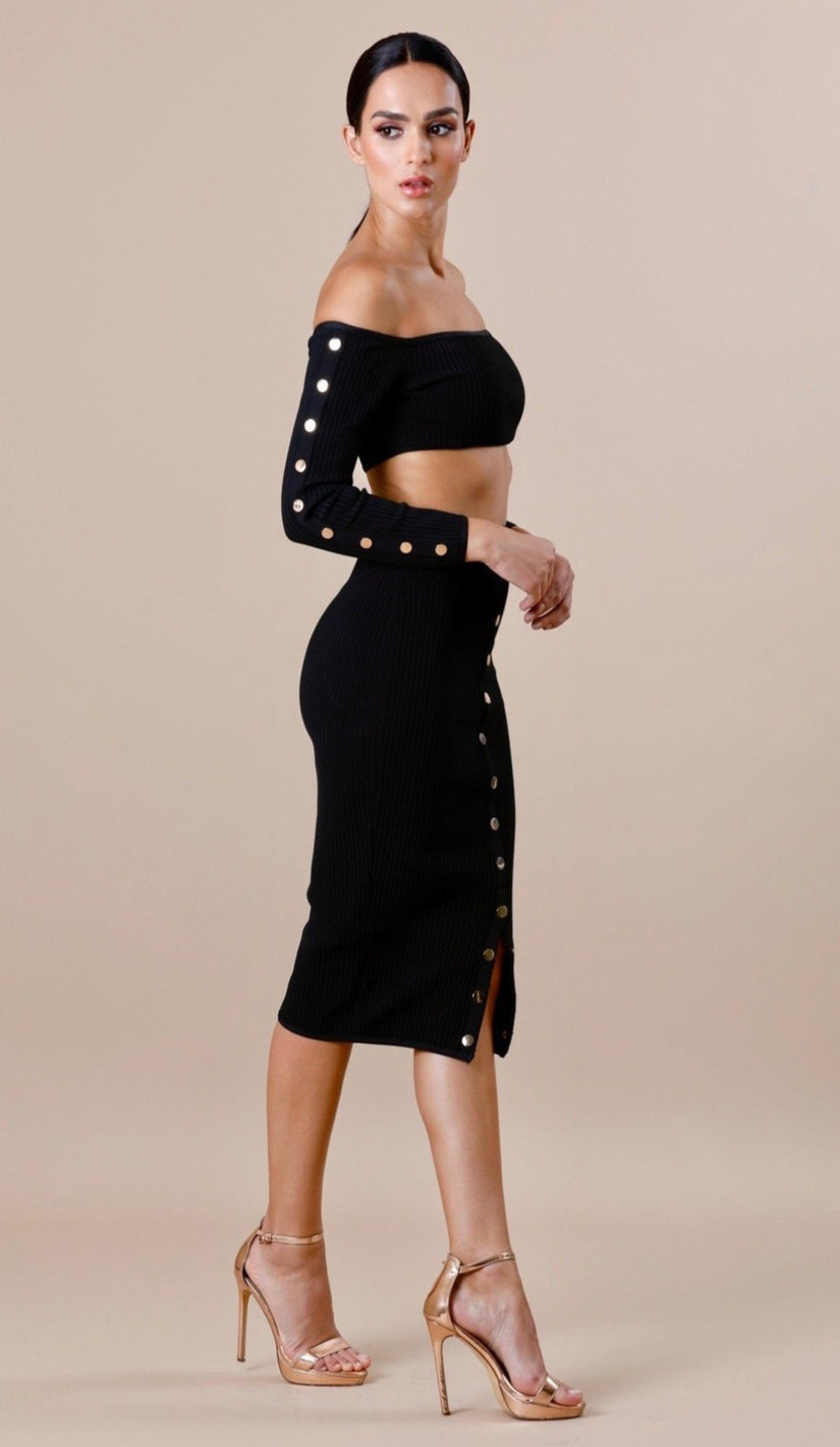 "KIRA" Ribbed Gold Button Skirt - GLAMBAE FASHION