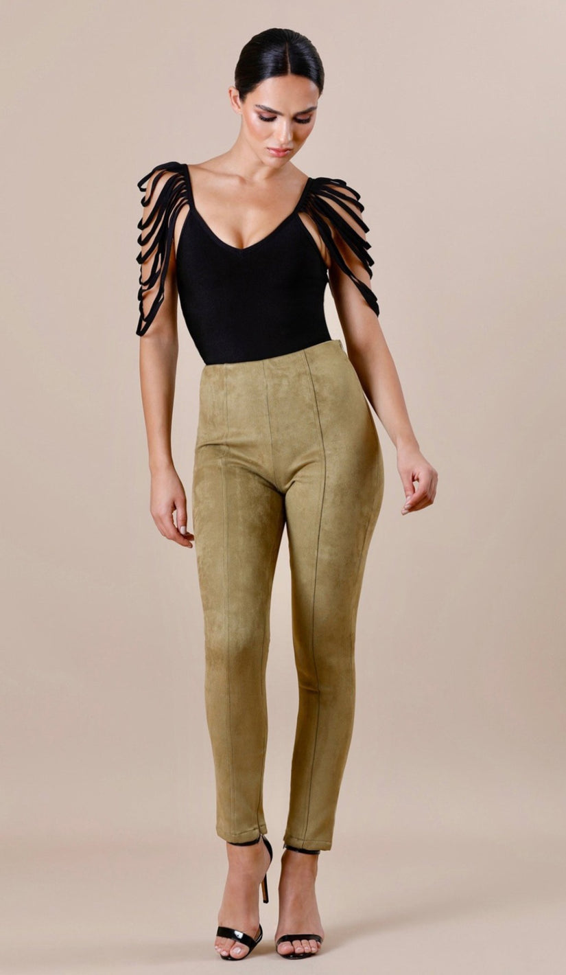"NINA"  Suede Bodycon Pants - Army Green - GLAMBAE FASHION