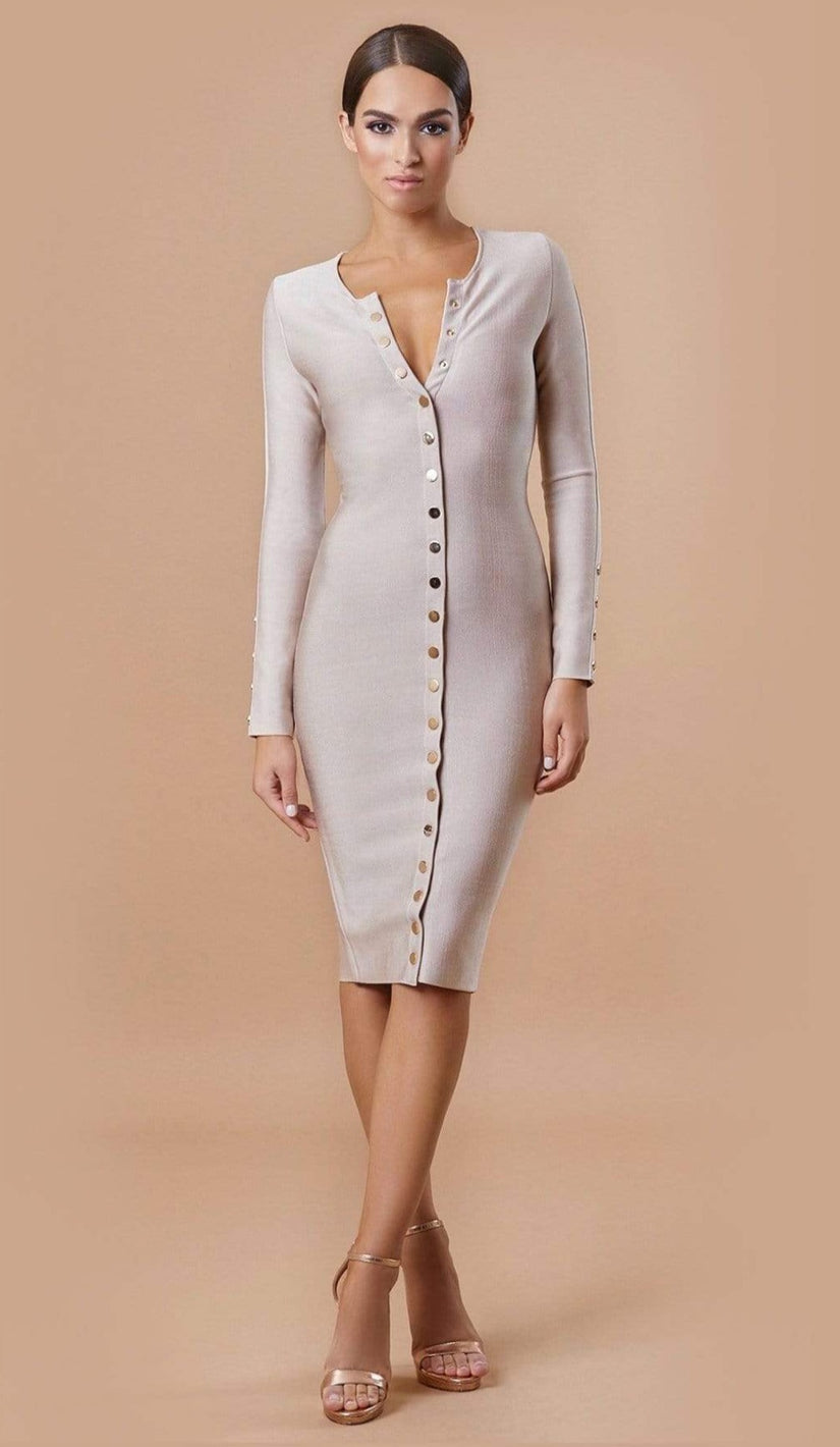 "CLEO" Gold Button Bandage Dress - GLAMBAE FASHION
