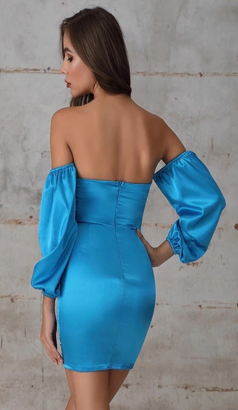 SKYE Off Shoulder Satin Bodycon Mini Dress
