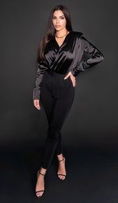 AMBER Deep V-Neck Silk Bodysuit - Black