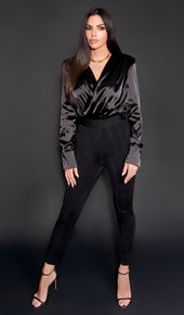 AMBER Deep V-Neck Silk Bodysuit - Black