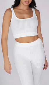 DENI High-Waisted Ribbed Pants - White