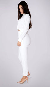 REMI Velour High Neck Long Sleeve Crop Top - White