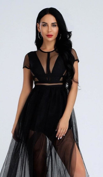 'RENEE' Mesh Chiffon Midi Dress - GLAMBAE FASHION