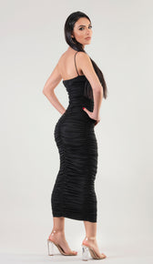 KENDRA Ruched Bodycon Midi Dress - Black