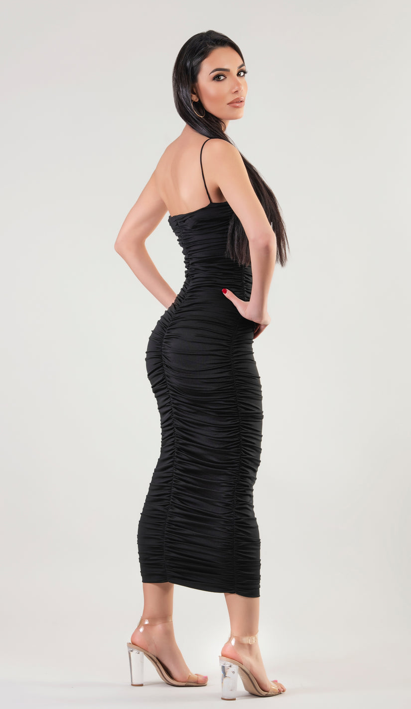 KENDRA Ruched Bodycon Midi Dress - Black