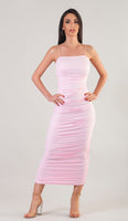 KENDRA Ruched Bodycon Midi Dress - Light Pink
