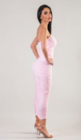 KENDRA Ruched Bodycon Midi Dress - Light Pink