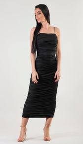 KENDRA Ruched Bodycon Midi Dress - Black