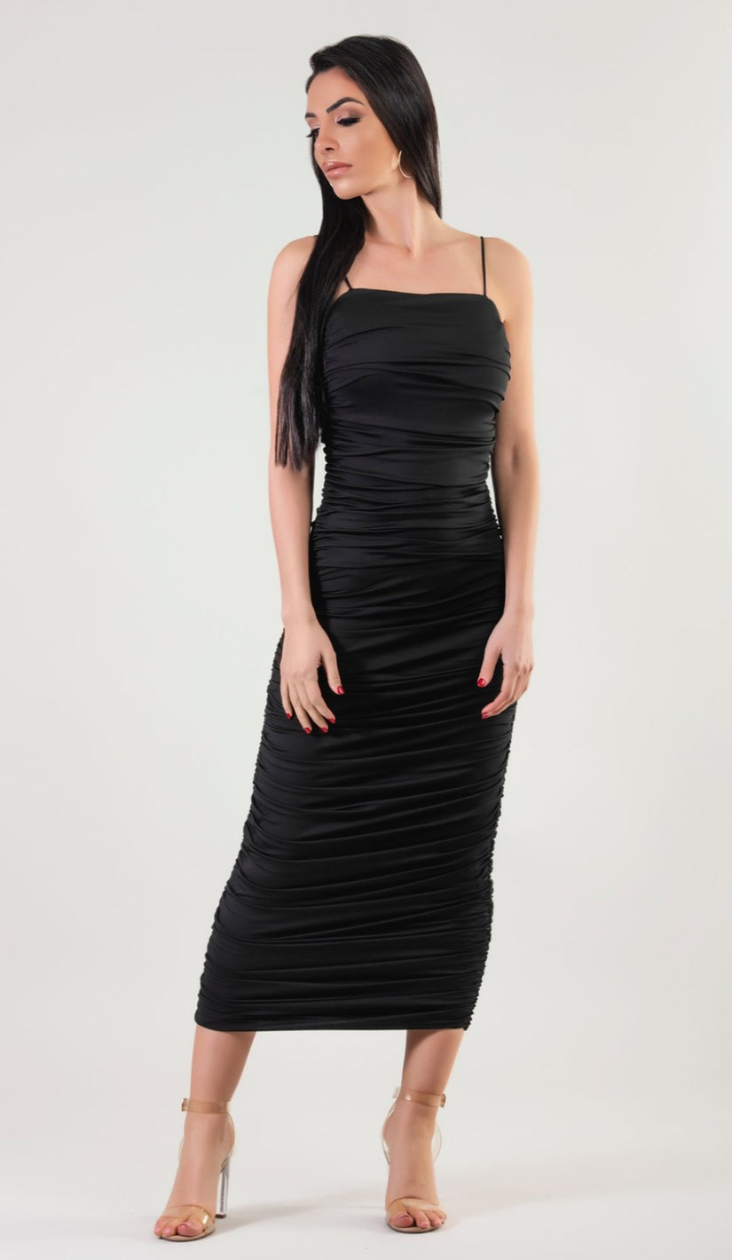 KENDRA Ruched Bodycon Midi Dress - Black
