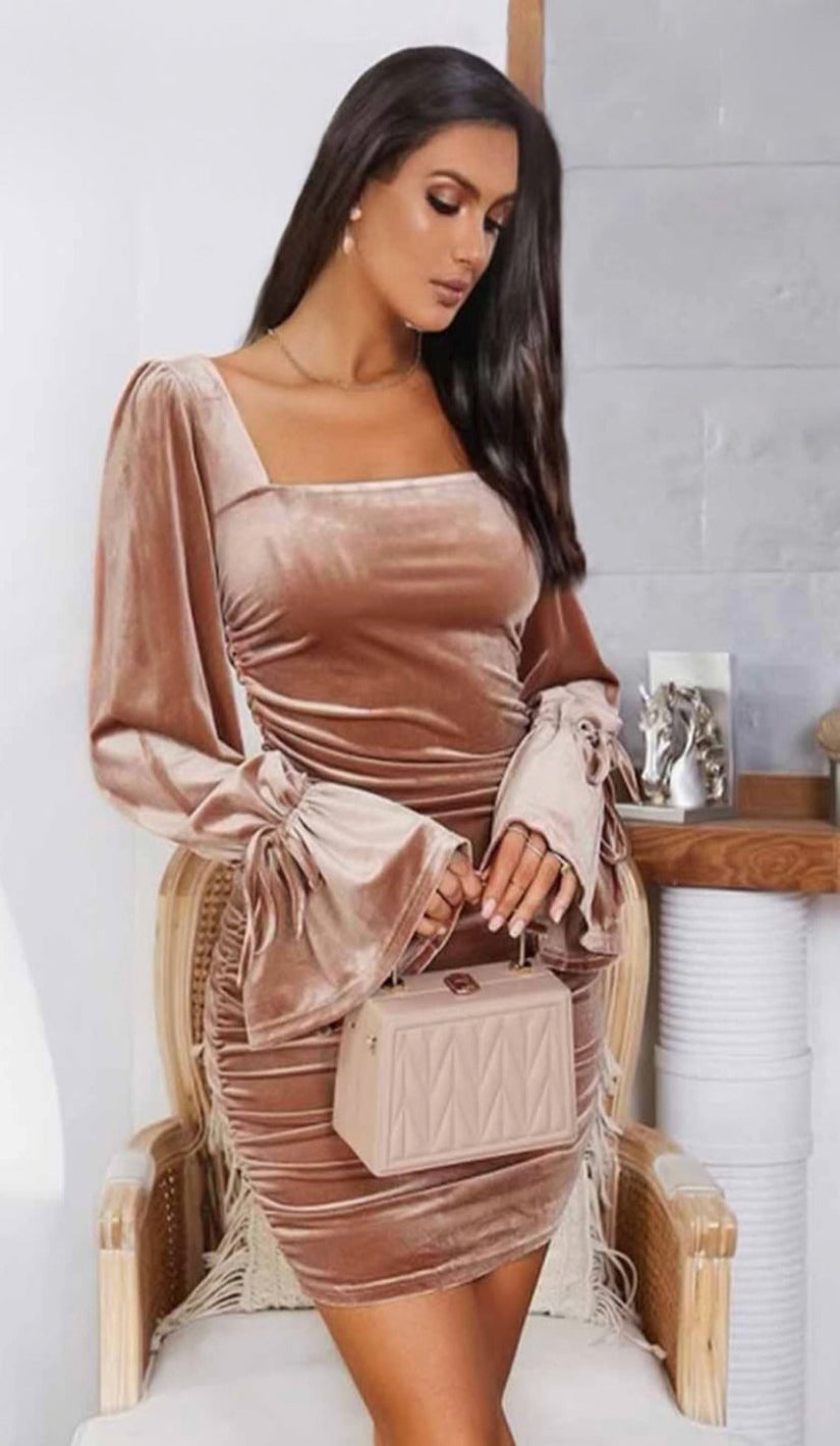 KEISHA Bell Sleeve Ruched Mini Dress