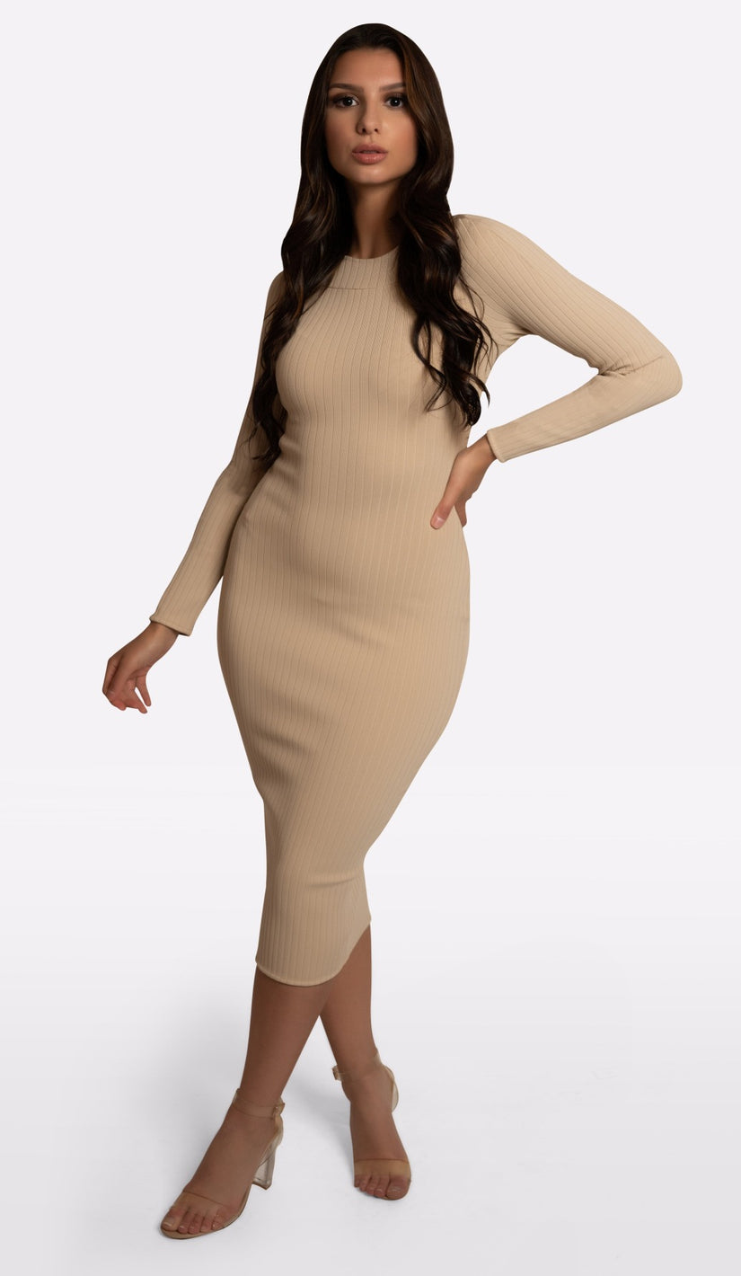 AMALIA Ribbed Bandage Midi Dress - Nude