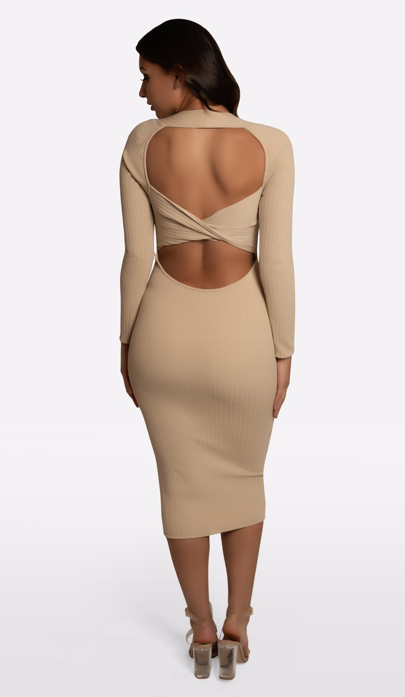 AMALIA Ribbed Bandage Midi Dress - Nude