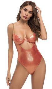 'MYKONOS' Metallic Gold Chain Bodysuit - Burnt Orange - GLAMBAE FASHION