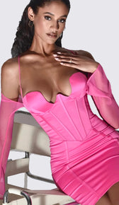 ALARA Corset Mesh Sleeve Satin Mini Dress