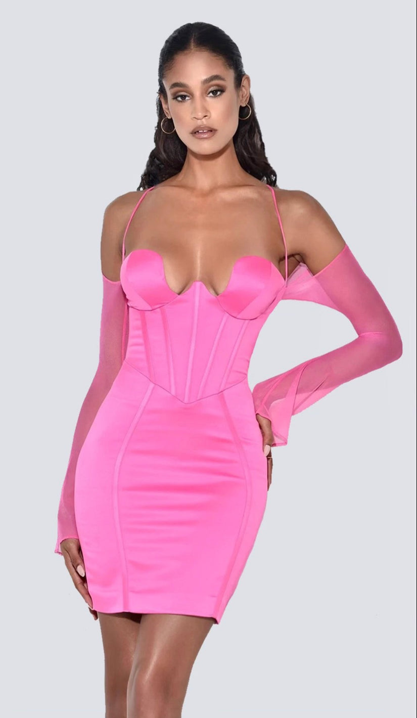 ALARA Corset Mesh Sleeve Satin Mini Dress