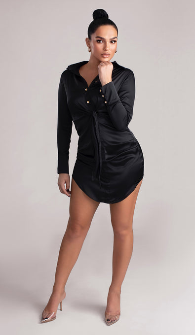 SONIA Satin Diamond Button Cuff Mini Dress - Black