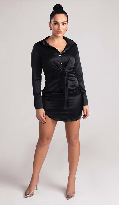 SONIA Satin Diamond Button Cuff Mini Dress - Black