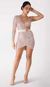 ARALIA One Shoulder Sequin Mini Dress - Rose Gold