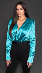 AMBER Deep V-Neck Silk Bodysuit - Emerald