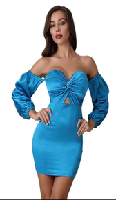 SKYE Off Shoulder Satin Bodycon Mini Dress