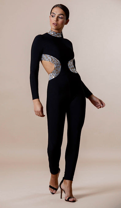 "CARMEN" Bejeweled Bandage Jumpsuit - GLAMBAE FASHION