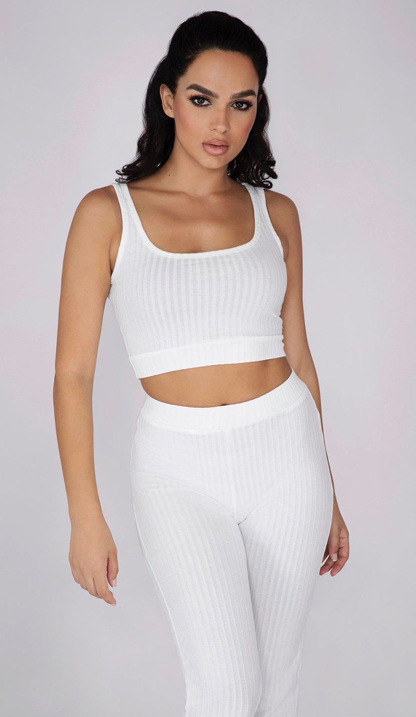 DENI High-Waisted Ribbed Pants - White
