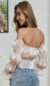 LEXIA Off Shoulder Silky Peplum Top