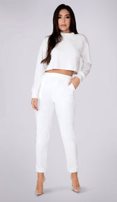 REMI Velour High Neck Long Sleeve Crop Top - White