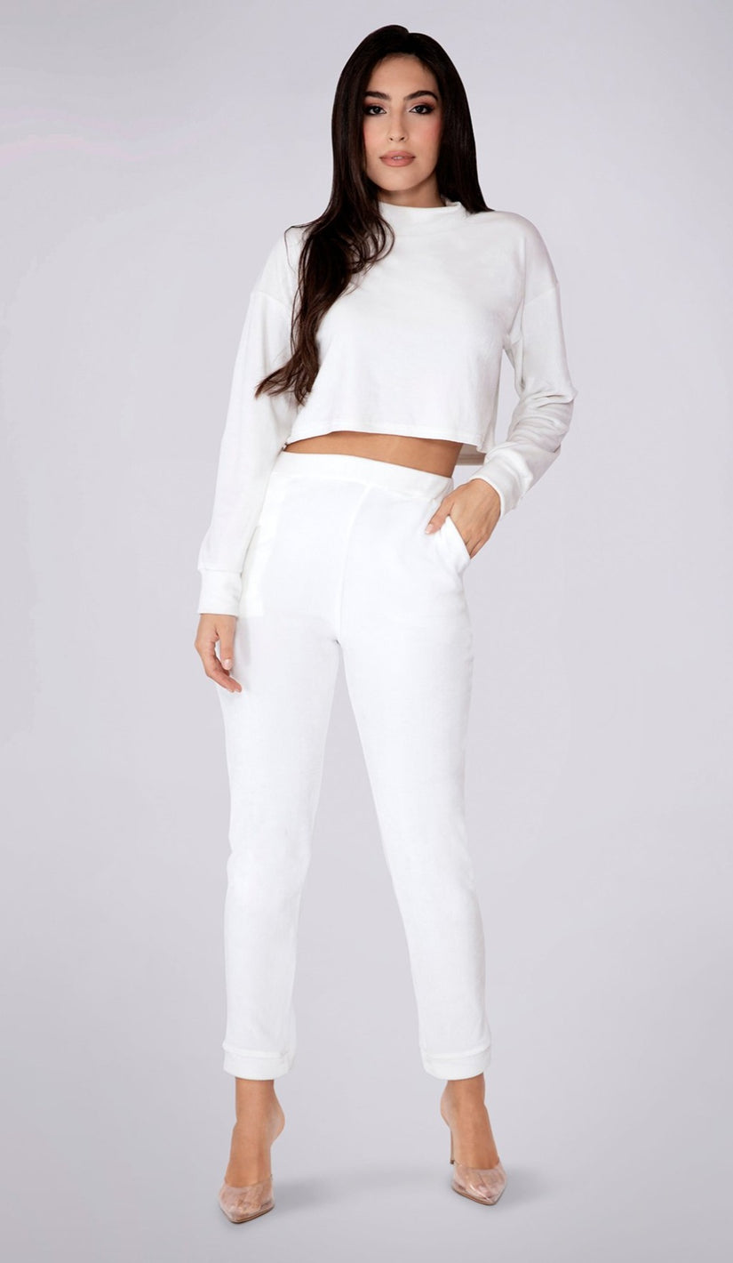 REMI Velour High Neck Long Sleeve Crop Top - White