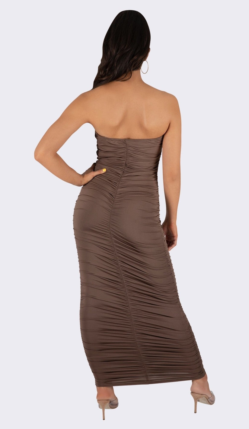 'DAPHNE' Ruched Strapless Maxi Dress - Taupe - GLAMBAE FASHION