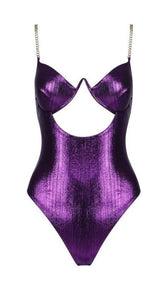 'MYKONOS' Metallic Gold Chain Bodysuit -  Purple - GLAMBAE FASHION