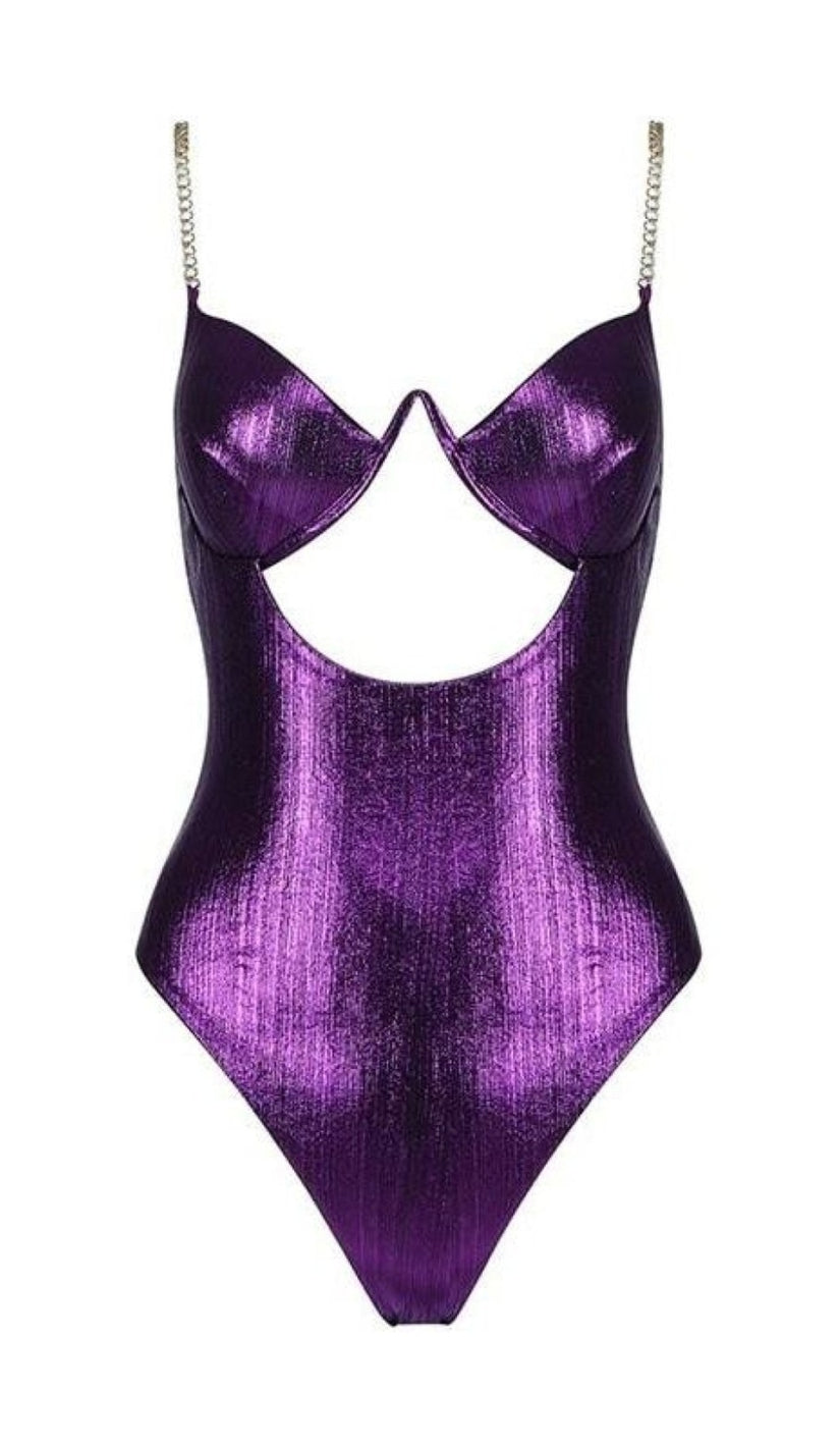 'MYKONOS' Metallic Gold Chain Bodysuit -  Purple - GLAMBAE FASHION