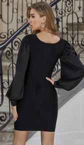 NESSA Satin Puff Sleeve Bandage Dress - Black