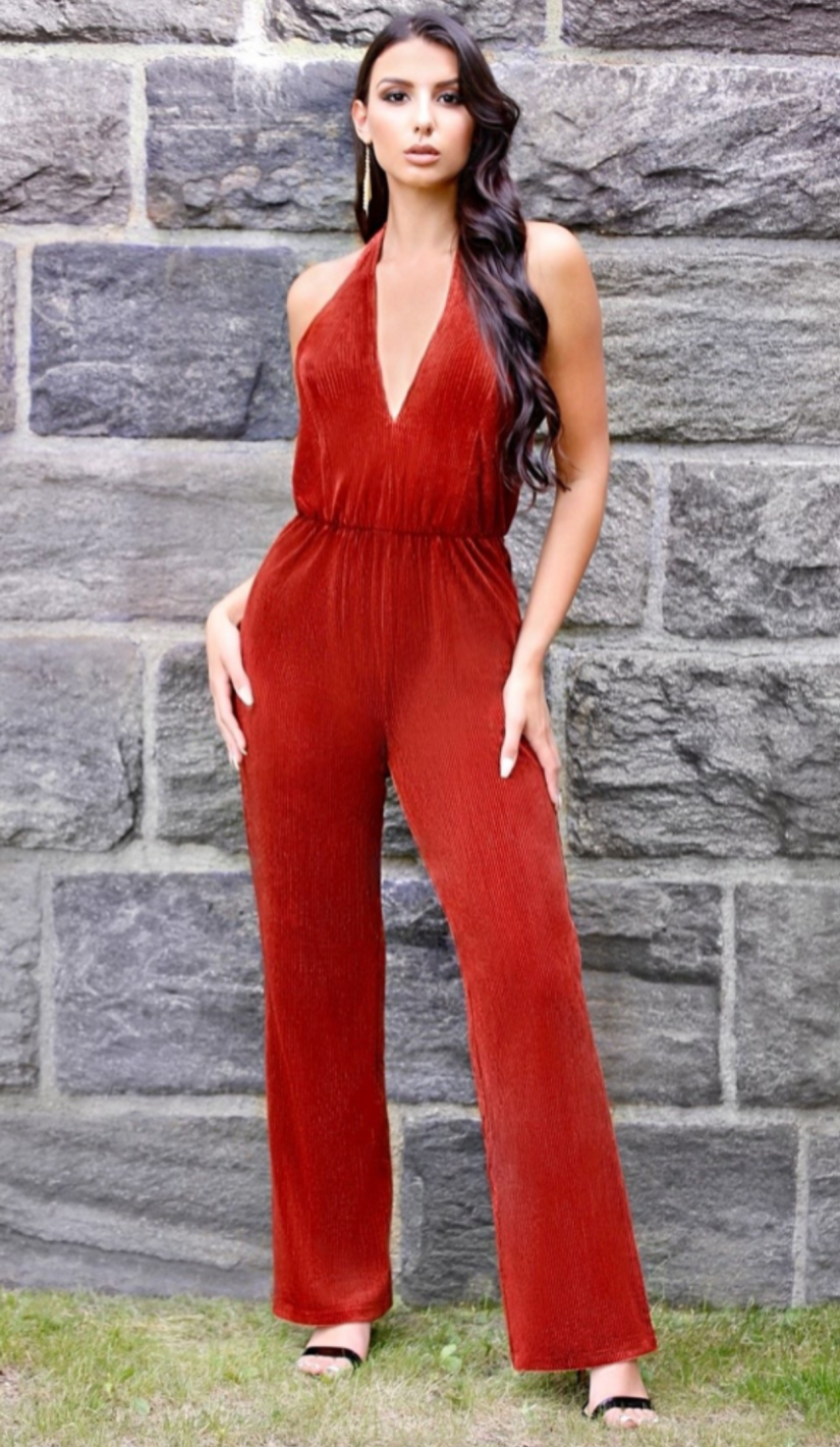 'LAMIA'  Corduroy Halter Jumpsuit - GLAMBAE FASHION