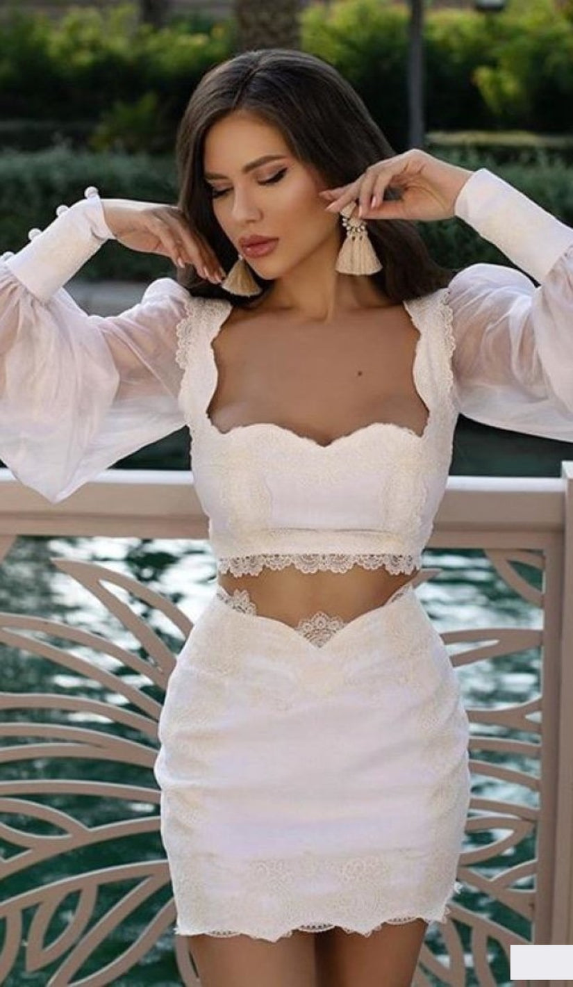 STEFANIA Lace Organza Two Piece Set - White