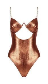 'MYKONOS' Metallic Gold Chain Bodysuit - Burnt Orange - GLAMBAE FASHION