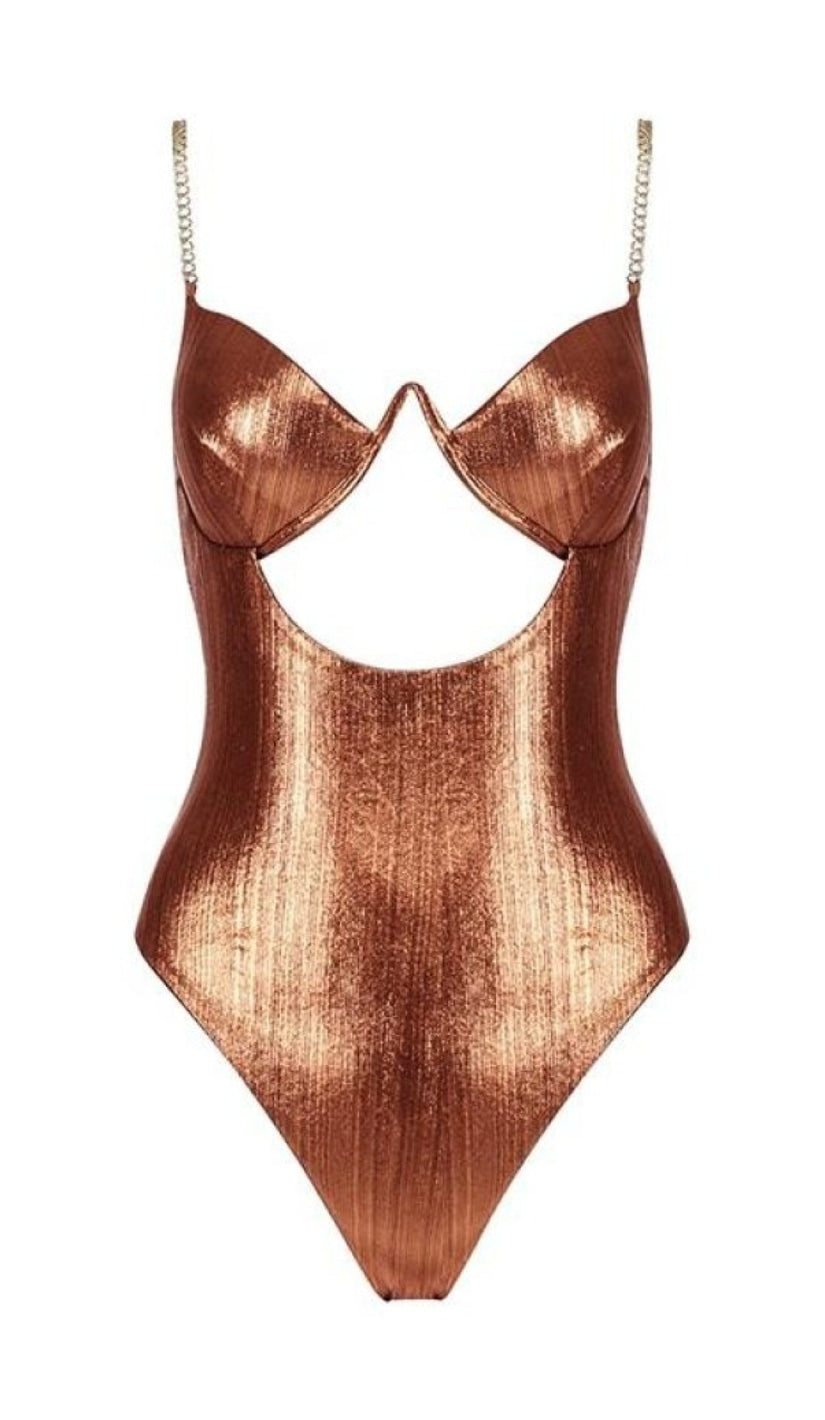 'MYKONOS' Metallic Gold Chain Bodysuit - Burnt Orange - GLAMBAE FASHION