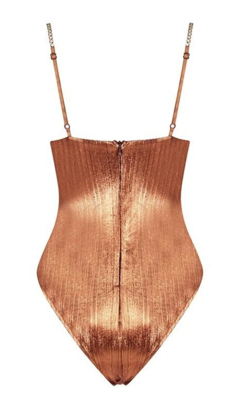 'MYKONOS' Metallic Gold Chain Bodysuit - Burnt Orange - GLAMBAE FASHION