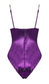 'MYKONOS' Metallic Gold Chain Bodysuit -  Purple - GLAMBAE FASHION