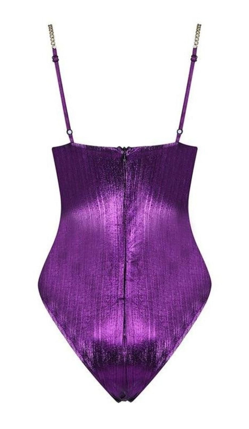 'MYKONOS' Metallic Gold Chain Bodysuit -  Purple - GLAMBAE FASHION
