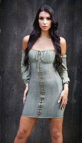 'CHRISTINE’ Off the Shoulder Corset Bandage Dress - Olive - GLAMBAE FASHION